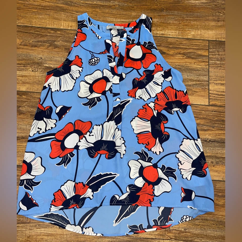 Sleeveless blue and red floral print blouse